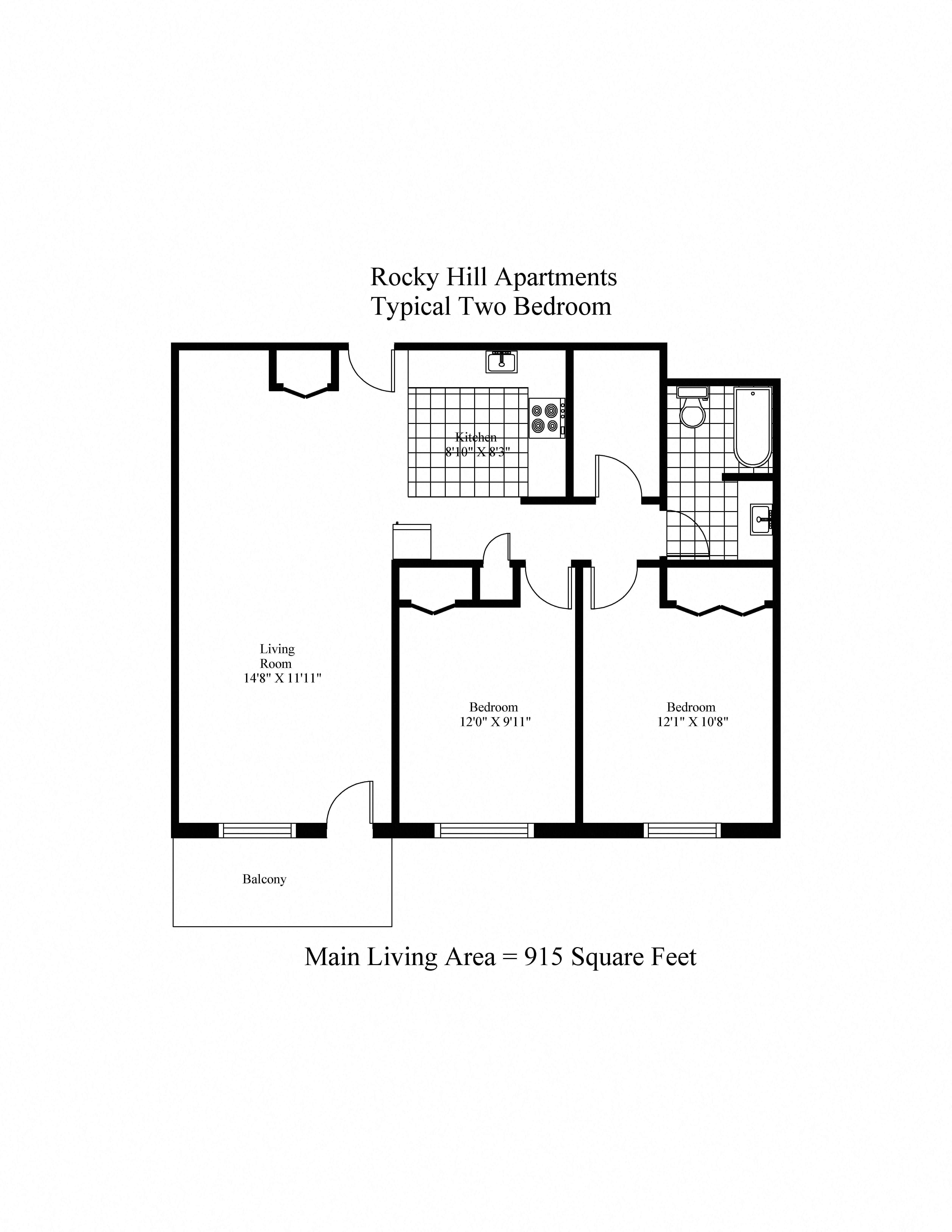 Floor plan for 2 beds, 1 bath, 915 sqft